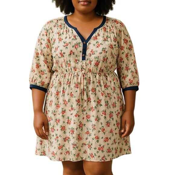 Spruce and Sage Plus Size 20 Floral Print Midi Dress | Cream & Navy V-Neck - Picture 1 of 15